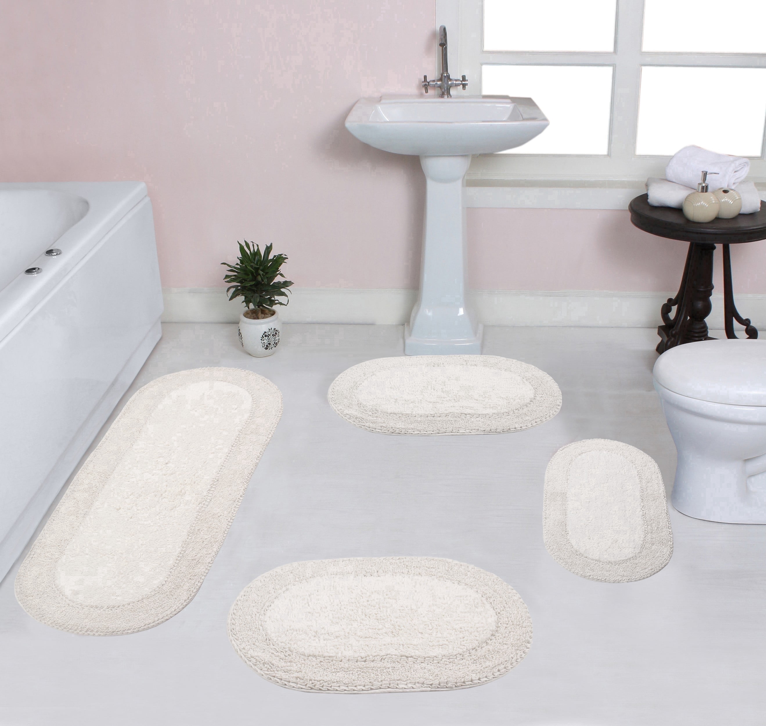 Home Weavers Double Ruffle Collection 100% Cotton Non-Slip Bathroom Rug Set Machine Washable Bathroom Rug, Bath Rug, Bathroom Rug, Runner, Ivory Color 4 Piece Bath Rug set