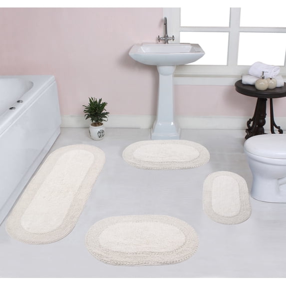Home Weavers Double Ruffle Collection 100% Cotton Non-Slip Bathroom Rug Set Machine Washable Bathroom Rug, Bath Rug, Bathroom Rug, Runner, Ivory Color 4 Piece Bath Rug set