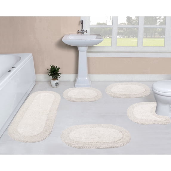 Home Weavers Double Ruffle Collection 100% Cotton Non-Slip Bathroom Rug Set Machine Washable Bathroom Rug, Bath Rug, U Shaped Contour, Runner, Bathroom Rug, Ivory Color 5 Piece Bath Carpet set