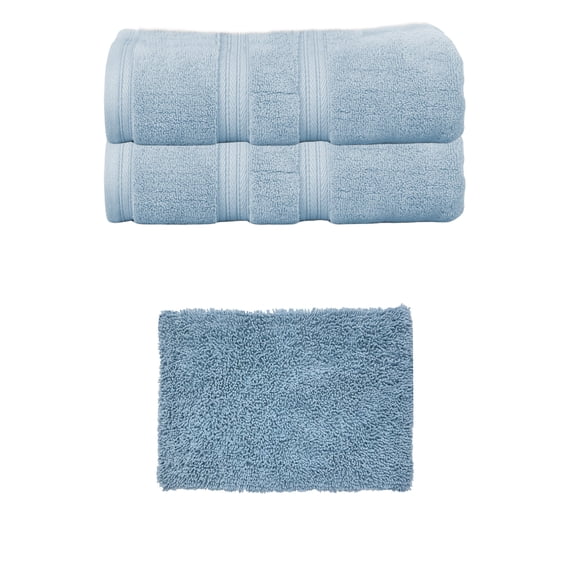 Home Weavers Double Ruffle Collection 100% Soft Cotton Super Absorbent 2 Pcs Bath Towel Set & 1 Pc 17x24" Bath Rug, Machine Washable & Non Slip (Set of 3), Blue