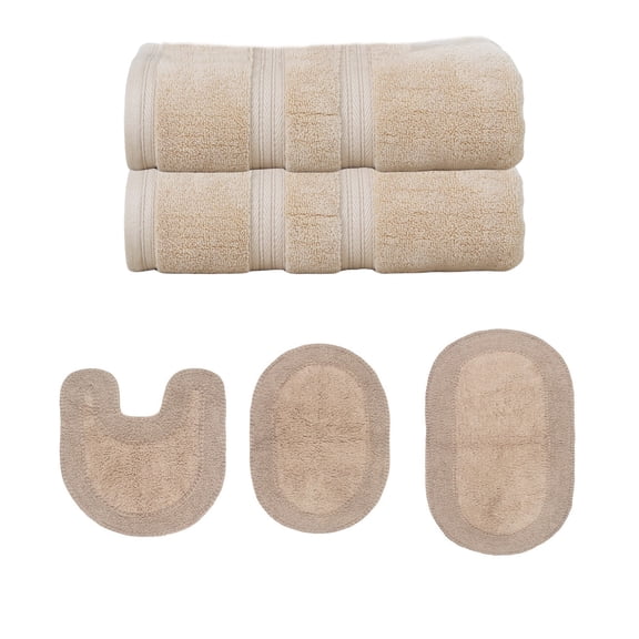 Home Weavers Double Ruffle Cotton Bath Towel & Bath Rug Set, Soft Absorbent, Non-Slip Rugs, Machine Washable, 5-Piece, Linen