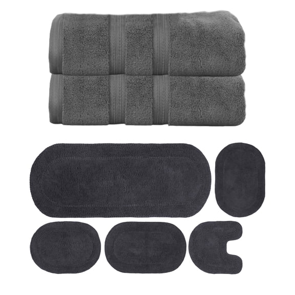 Home Weavers Double Ruffle Collection 100% Soft Cotton Super Absorbent 2 Pcs Bath Towel Set & 4 Pc Bath Rug Combo, Machine Washable & Non Slip (Set of 6), Dark Gray
