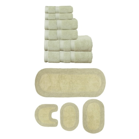 Home Weavers Double Ruffle Collection 100% Soft Cotton Super Absorbent 6 Pcs Towel Set & 4 Pc Bath Rug Combo, Machine Washable & Non Slip (Set of 10), Green