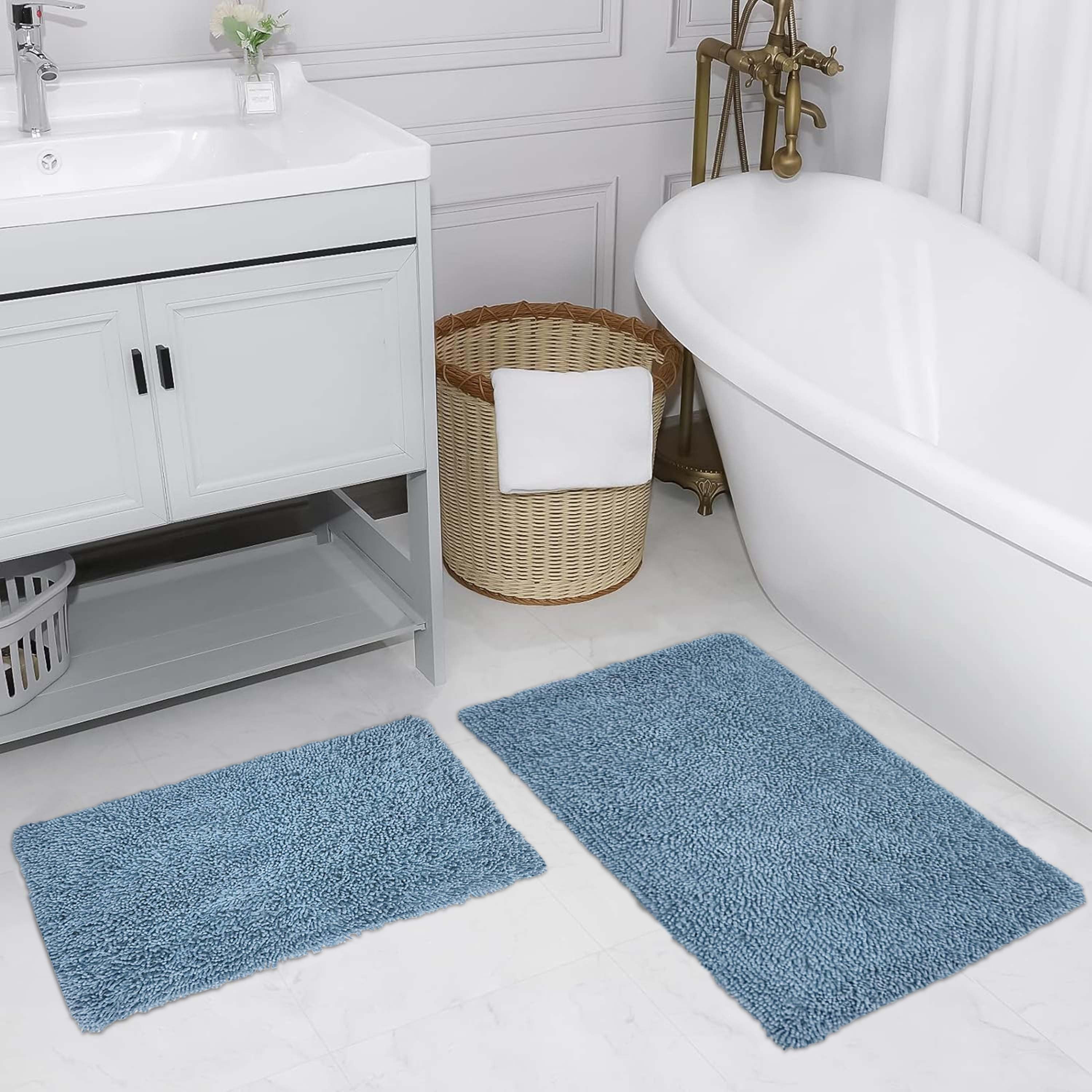 Blue Cotton Medium Pile Rectangular Bath Mat Set