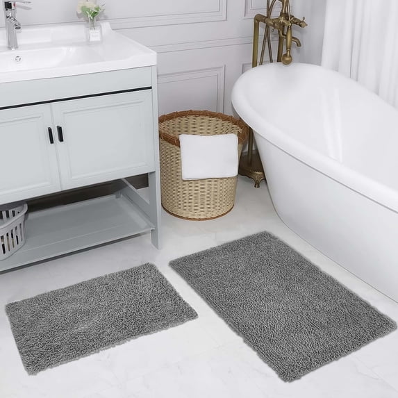 Home Weavers Fantasia Bath Rug 100% Cotton Non-Slip Bathroom Rug Set Machine Washable Bathroom Rug-17"x24", Bath Rug- 21"x34", Gray Color 2 Piece Bath Rug set