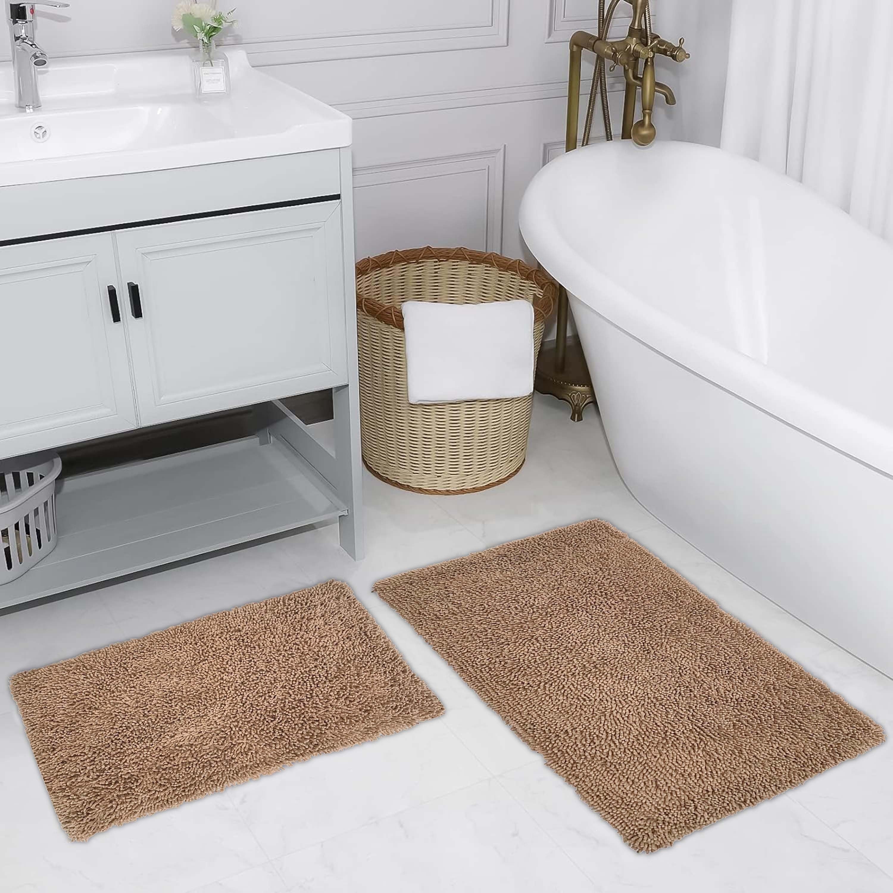 Home Weavers Fantasia Bath Rug 100% Cotton Non-Slip Bathroom Rug Set Machine Washable Bathroom Rug-17"x24", Bath Rug- 21"x34", Linen Color 2 Piece Bath Carpet set