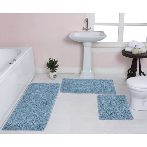 Home Weavers Fantasia Bath Rug 100% Cotton Non-Slip Bathroom Rug Set Machine Washable Bathroom Rug-17"x24", Bath Rug- 21"x34", Runner- 21"x54", Blue Color 3 Piece Bath Rug set