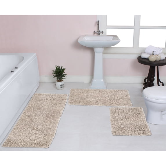 Home Weavers Fantasia Bath Rug 100% Cotton Non-Slip Bathroom Rug Set Machine Washable Bathroom Rug-17"x24", Bath Rug- 21"x34", Runner- 21"x54", Ivory Color 3 Piece Bath Rug set