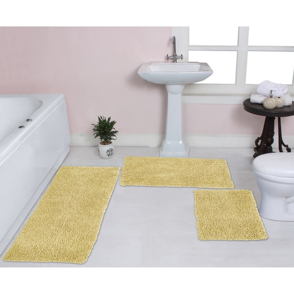 Home Weavers Fantasia Bath Rug 100% Cotton Non-Slip Bathroom Rug Set Machine Washable Bathroom Rug-17"x24", Bath Rug- 21"x34", Runner- 21"x54", Yellow Color 3 Piece Bath Rug set