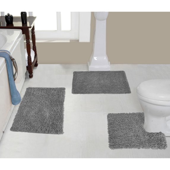 Home Weavers Fantasia Bath Rug 100% Cotton Non-Slip Bathroom Rug Set Machine Washable Bathroom Rug-17"x24", Bath Rug- 21"x34", U Shaped Contour- 20"x20", Gray Color 3 Piece Bath Rug set