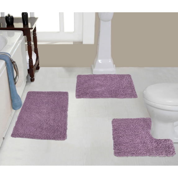 Home Weavers Fantasia Bath Rug 100% Cotton Non-Slip Bathroom Rug Set Machine Washable Bathroom Rug-17"x24", Bath Rug- 21"x34", U Shaped Contour- 20"x20", Purple Color 3 Piece Bath Rug set