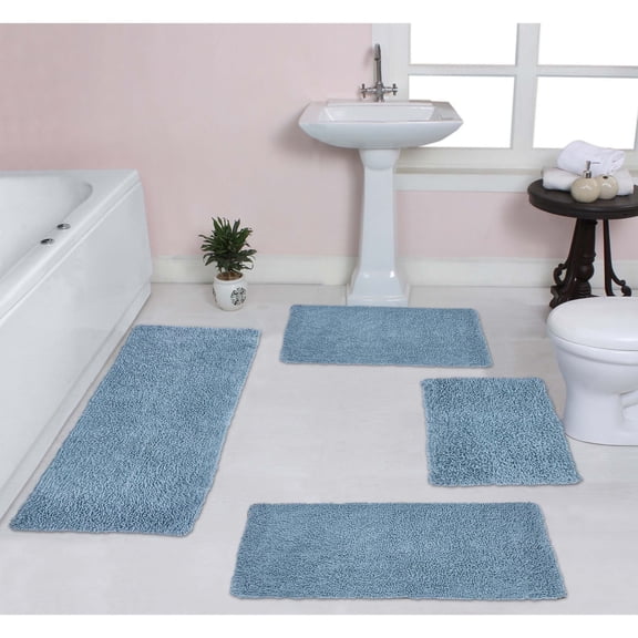 Home Weavers Fantasia Bath Rug 100% Cotton Non-Slip Bathroom Rug Set Machine Washable Bathroom Rug, Bath Rug, Bathroom Rug, Runner, Blue Color 4 Piece Bath Rug set