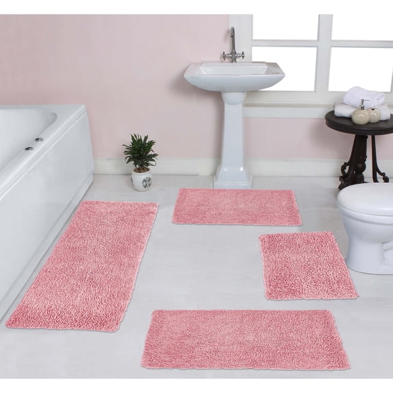 Home Weavers Fantasia Bath Rug 100% Cotton Non-Slip Bathroom Rug Set Machine Washable Bathroom Rug, Bath Rug, Bathroom Rug, Runner, Pink Color 4 Piece Bath Rug set
