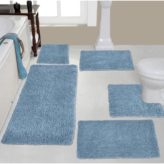 Home Weavers Fantasia Bath Rug 100% Cotton Non-Slip Bathroom Rug Set Machine Washable Bathroom Rug, Bath Rug, Bathroom Rug, Runner, U Shaped Contour, Blue Color 5 Piece Bath Rug set