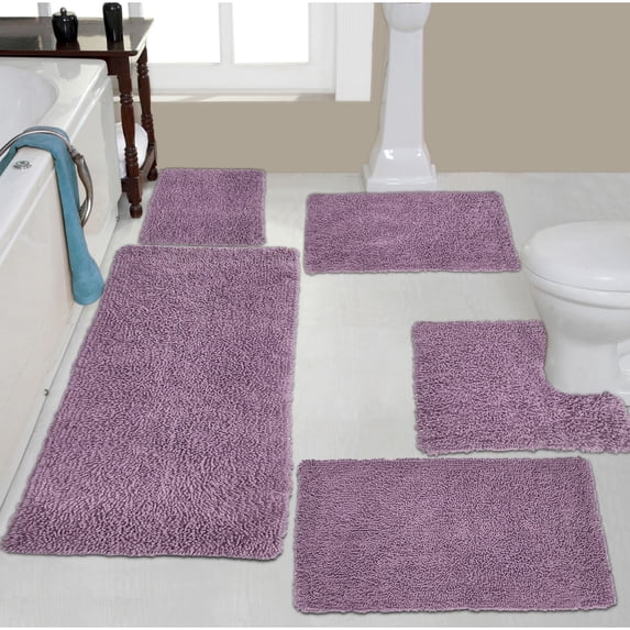 Home Weavers Fantasia Bath Rug 100% Cotton Non-Slip Bathroom Rug Set Machine Washable Bathroom Rug, Bath Rug, Bathroom Rug, Runner, U Shaped Contour, Purple Color 5 Piece Bath Rug set
