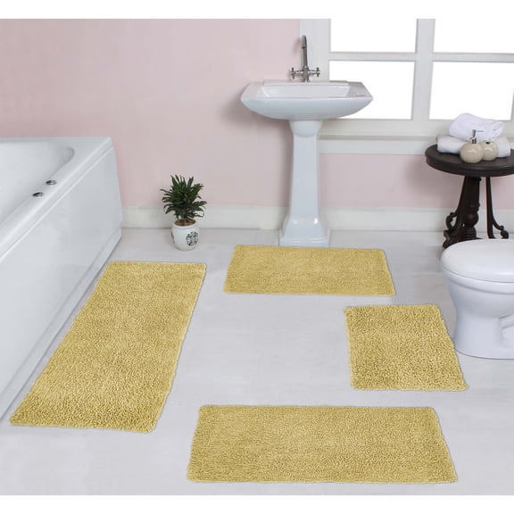 Home Weavers Fantasia Bath Rug 100% Cotton Non-Slip Bathroom Rug Set Machine Washable Bathroom Rug, Bath Rug, Bathroom Rug, Runner, Yellow Color 4 Piece Bath Rug set