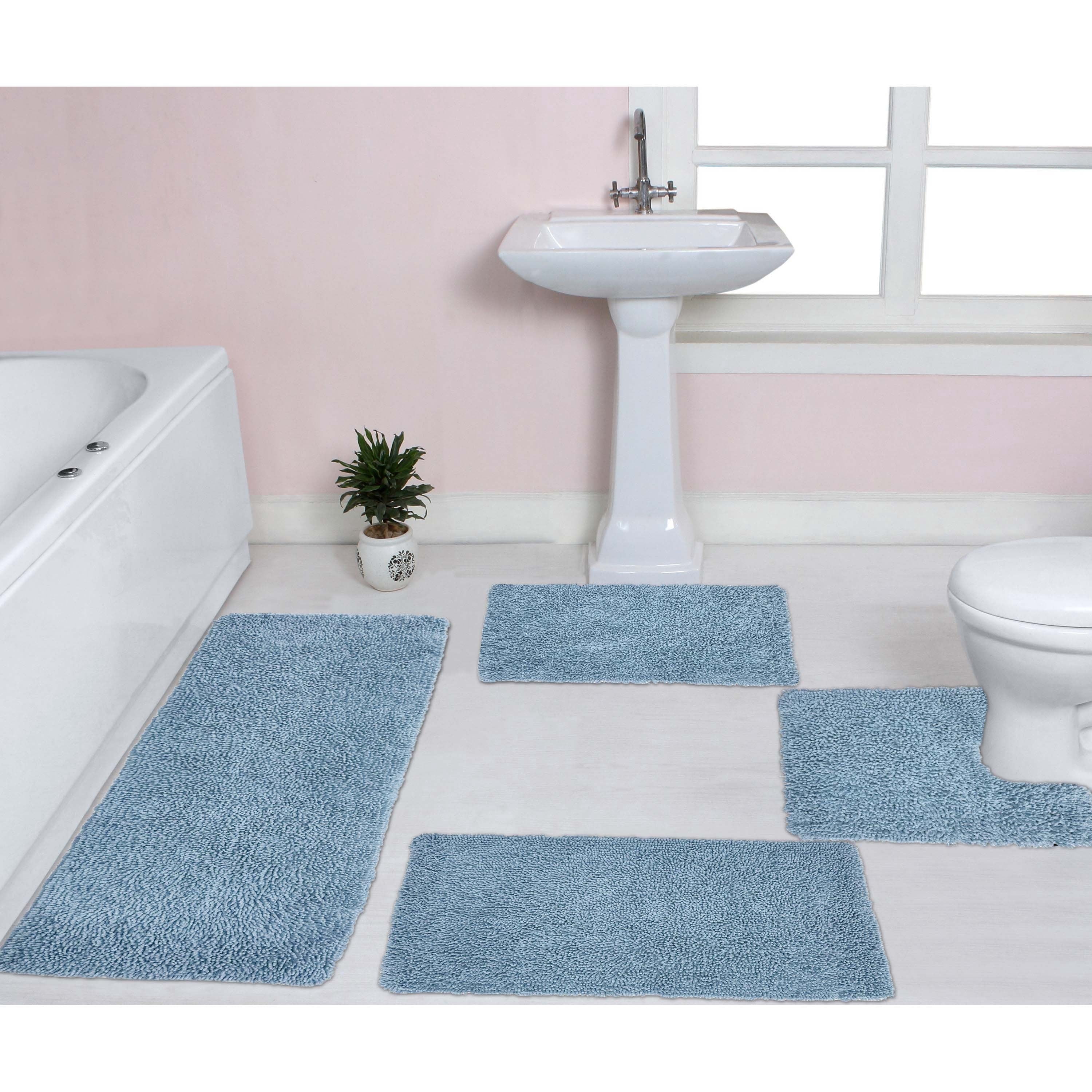 Home Weavers Fantasia Bath Rug 100% Cotton Non-Slip Bathroom Rug Set Machine Washable Bathroom Rug, Bath Rug, U Shaped Contour, Runner, Blue Color 4 Piece Bath Rug set