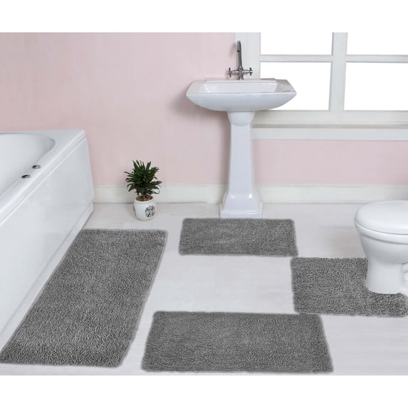 Home Weavers Fantasia Bath Rug 100% Cotton Non-Slip Bathroom Rug Set Machine Washable Bathroom Rug, Bath Rug, U Shaped Contour, Runner, Gray Color 4 Piece Bath Rug set