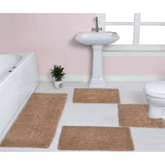 Home Weavers Fantasia Bath Rug 100% Cotton Non-Slip Bathroom Rug Set Machine Washable Bathroom Rug, Bath Rug, U Shaped Contour, Runner, Linen Color 4 Piece Bath Rug set