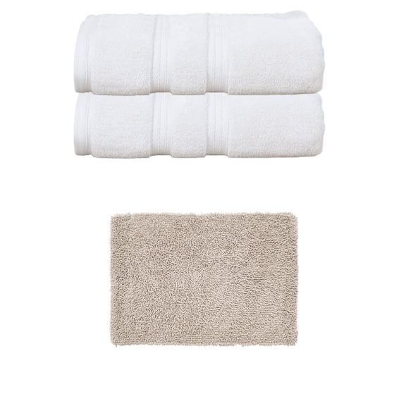 Home Weavers Fantasia Collection 100% Soft Cotton Super Absorbent 2 Pcs Bath Towel Set & 1 Pc 17x24" Bath Rug, Machine Washable & Non Slip (Set of 3), Ivory