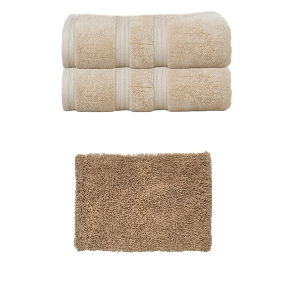 Home Weavers Fantasia Collection 100% Soft Cotton Super Absorbent 2 Pcs Bath Towel Set & 1 Pc 17x24" Bath Rug, Machine Washable & Non Slip (Set of 3), Linen