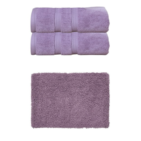 Home Weavers Fantasia Collection 100% Soft Cotton Super Absorbent 2 Pcs Bath Towel Set & 1 Pc 17x24" Bath Rug, Machine Washable & Non Slip (Set of 3), Purple