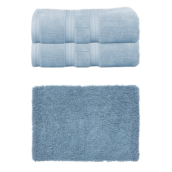 Home Weavers Fantasia Collection 100% Soft Cotton Super Absorbent 2 Pcs Bath Towel Set & 1 Pc 21x34" Bath Rug, Machine Washable & Non Slip (Set of 3), Blue