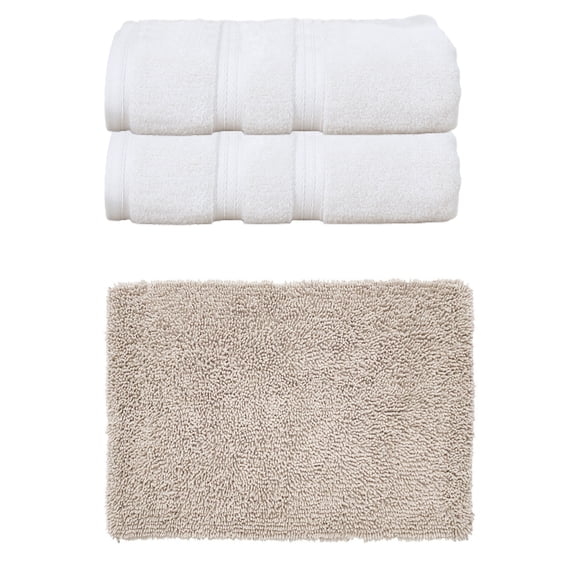 Home Weavers Fantasia Collection 100% Soft Cotton Super Absorbent 2 Pcs Bath Towel Set & 1 Pc 21x34" Bath Rug, Machine Washable & Non Slip (Set of 3), Ivory