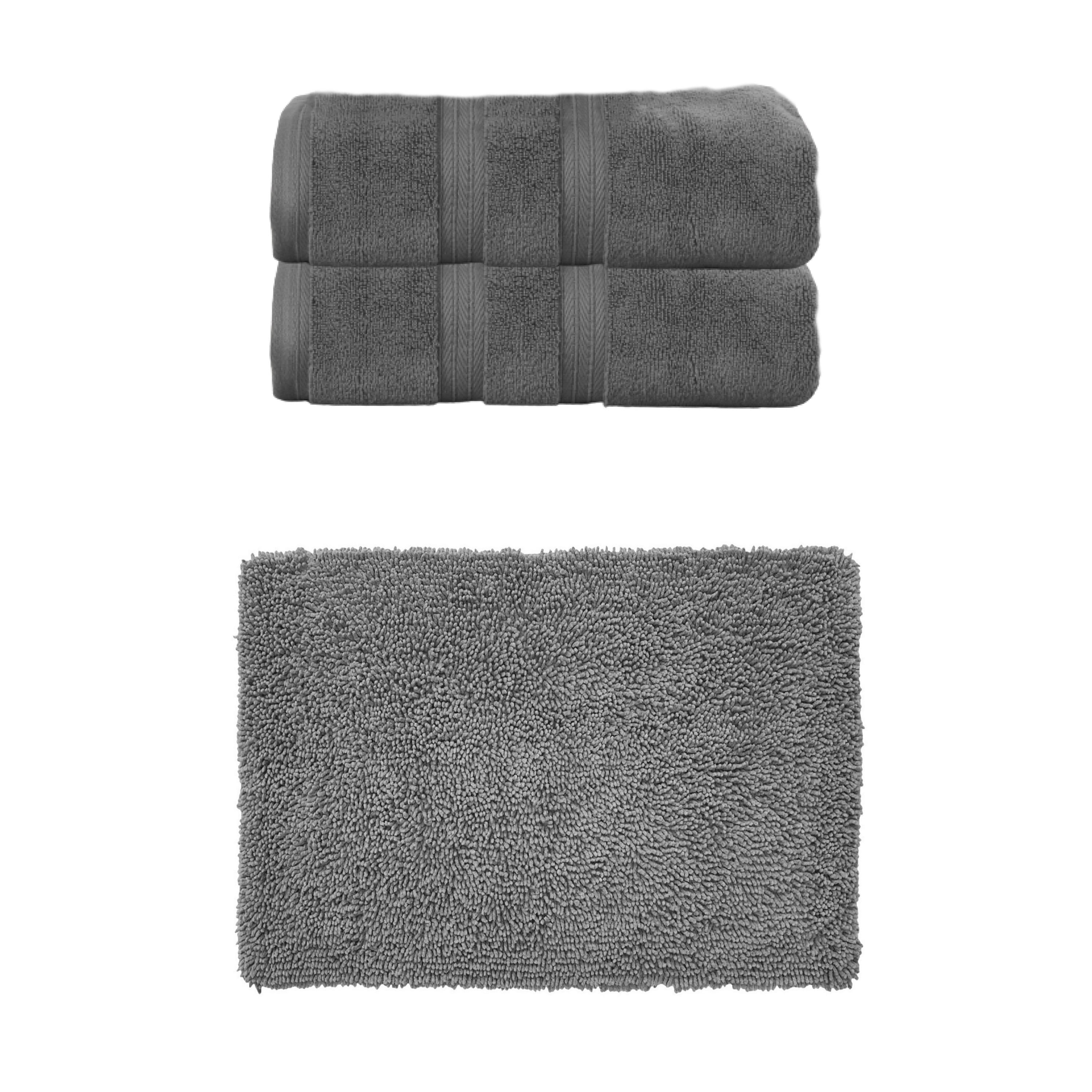 Home Weavers Fantasia Collection 100% Soft Cotton Super Absorbent 2 Pcs Bath Towel Set & 1 Pc Bath Rug, Machine Washable & Non Slip (Set of 3), Dark Gray