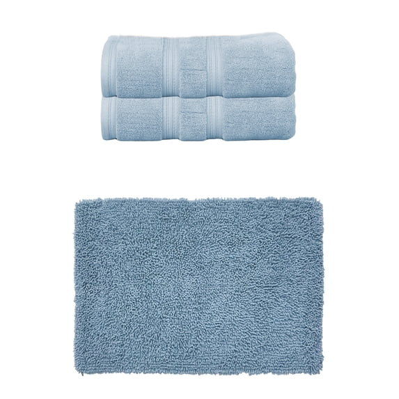 Home Weavers Fantasia Collection 100% Soft Cotton Super Absorbent 2 Pcs Bath Towel Set & 1 Pc Bath Rug, Machine Washable & Non Slip (Set of 3), Blue