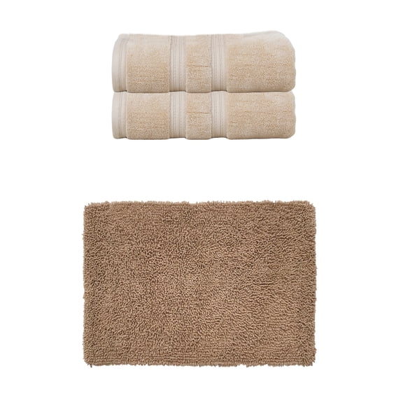 Home Weavers Fantasia Collection 100% Soft Cotton Super Absorbent 2 Pcs Bath Towel Set & 1 Pc Bath Rug, Machine Washable & Non Slip (Set of 3), Linen
