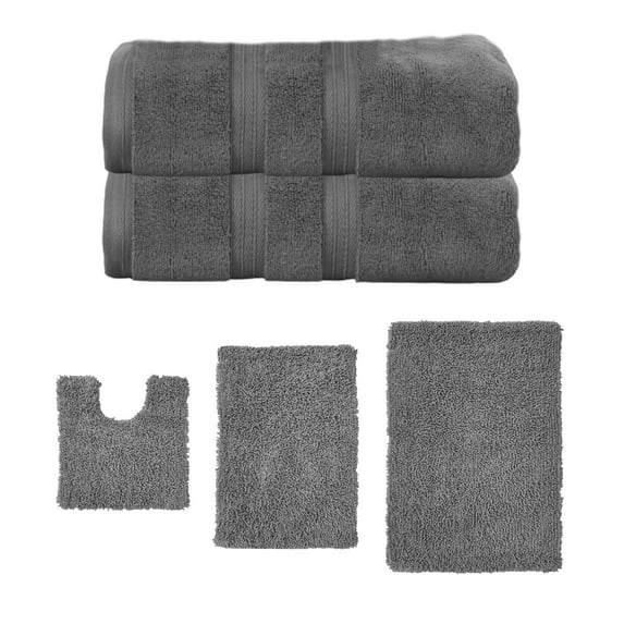 Home Weavers Fantasia Collection 100% Soft Cotton Super Absorbent 2 Pcs Bath Towel Set & 3 Pc Bath Rug Combo, Machine Washable & Non Slip (Set of 5), Dark Gray