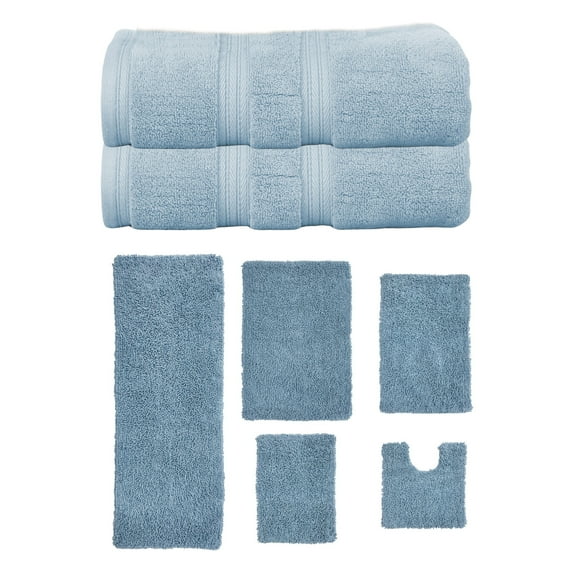 Home Weavers Fantasia Collection 100% Soft Cotton Super Absorbent 2 Pcs Bath Towel Set & 5 Pc Bath Rug Combo, Machine Washable & Non Slip (Set of 7), Blue