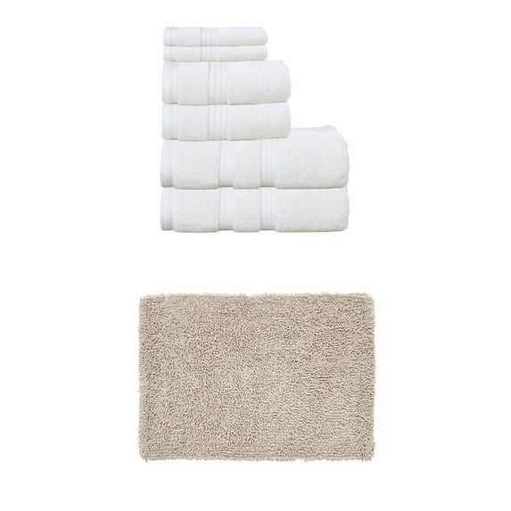 Home Weavers Fantasia Collection 100% Soft Cotton Super Absorbent 6 Pcs Towel Set & 1 Pc 17x24" Bath Rug, Machine Washable & Non Slip (Set of 7), Ivory