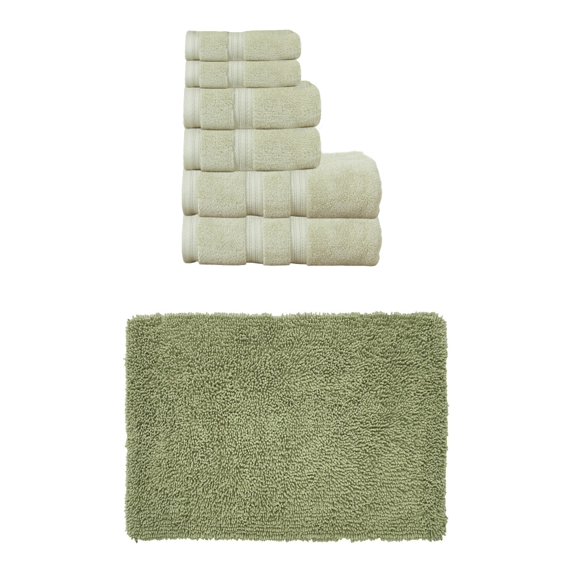 Home Weavers Fantasia Collection 100% Soft Cotton Super Absorbent 6 Pcs Towel Set & 1 Pc 21x34" Bath Rug, Machine Washable & Non Slip (Set of 7), Green