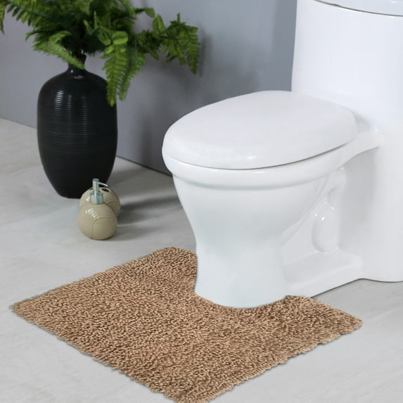 Home Weavers Fantasia Collection Toilet Rugs U Shaped Contour, Extra Thick Bathroom Rug, Non-Slip Contour Mat for Bathroom, 100% Cotton Soft & Water Absorbent, Machine Washable, 20"x20" Contour, Linen
