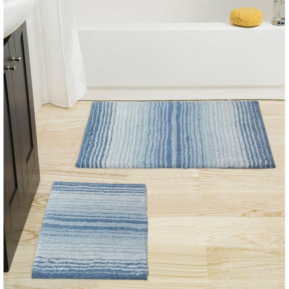 Home Weavers Gradation Rug Collection 100% Cotton Non-Slip Bathroom Rug Set Machine Washable Bathroom Rug-17"x24", Bath Rug- 21"x34", Blue Color 2 Piece Bath Rug set