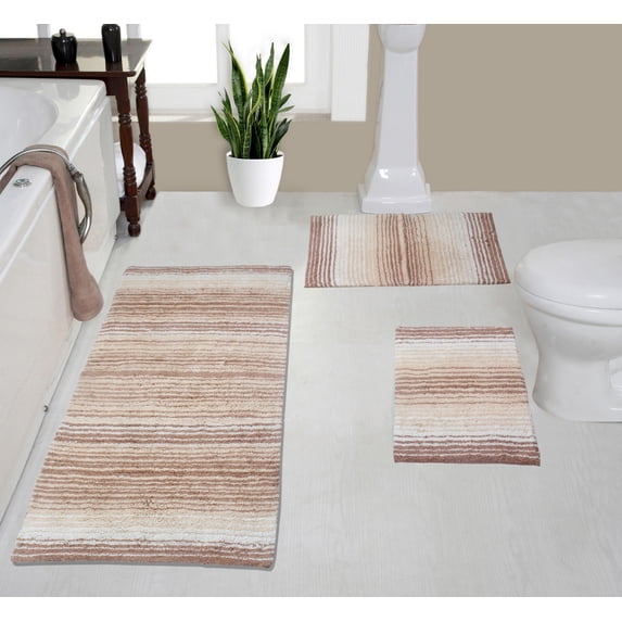 Home Weavers Gradation Rug Collection 100% Cotton Non-Slip Bathroom Rug Set Machine Washable Bathroom Rug-17"x24", Bath Rug- 21"x34", Runner- 21"x54", Beige Color 3 Piece Bath Carpet set