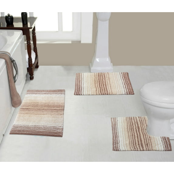 Home Weavers Gradation Rug Collection 100% Cotton Non-Slip Bathroom Rug Set Machine Washable Bathroom Rug-17"x24", Bath Rug- 21"x34", U Shaped Contour- 20"x20", Beige Color 3 Piece Bath Rug set