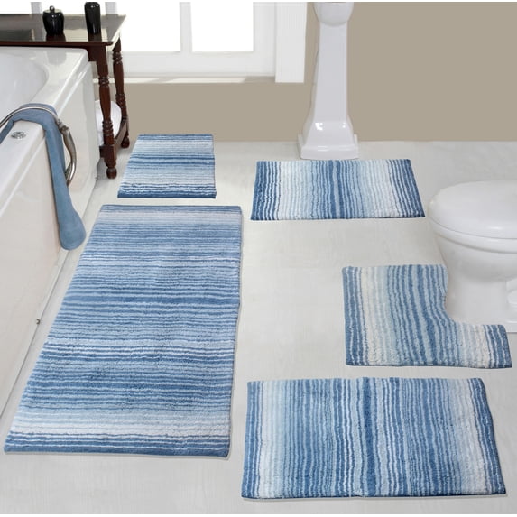 Home Weavers Gradation Rug Collection 100% Cotton Non-Slip Bathroom Rug Set Machine Washable Bathroom Rug, Bath Rug, Runner, U Shaped Contour, Bathroom Rug, Blue Color 5 Piece Bath Rug set