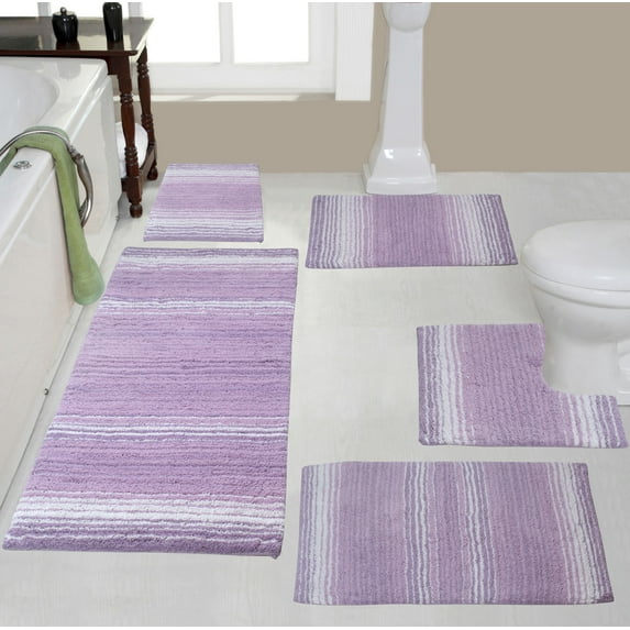 Home Weavers Gradation Rug Collection 100% Cotton Non-Slip Bathroom Rug Set Machine Washable Bathroom Rug, Bath Rug, Runner, U Shaped Contour, Bathroom Rug, Purple Color 5 Piece Bath Rug set