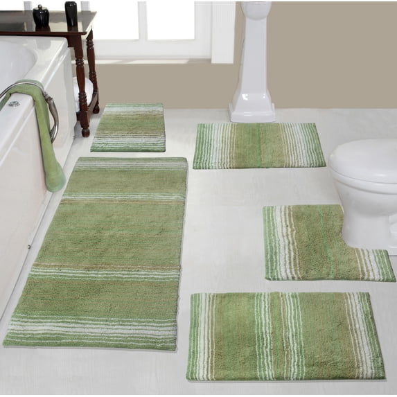 Home Weavers Gradation Rug Collection 100% Cotton Non-Slip Bathroom Rug Set Machine Washable Bathroom Rug, Bath Rug, Runner, U Shaped Contour, Bathroom Rug, Sage Color 5 Piece Bath Rug set