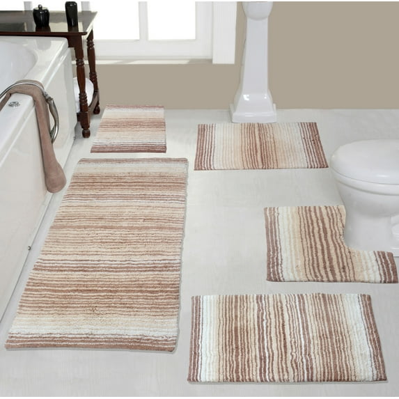 Home Weavers Gradation Rug Collection 100% Cotton Non-Slip Bathroom Rug Set Machine Washable Bathroom Rug, Bath Rug, Runner, U Shaped Contour, Bathroom Rug, Beige Color 5 Piece Bath Rug set