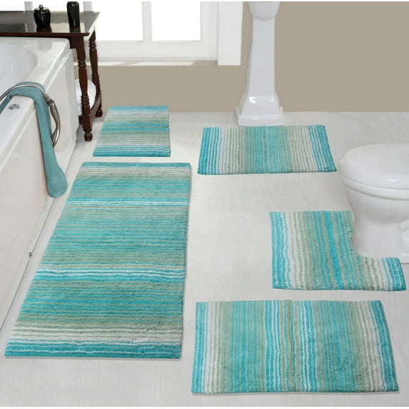 Home Weavers Gradation Rug Collection 100% Cotton Non-Slip Bathroom Rug Set Machine Washable Bathroom Rug, Bath Rug, Runner, U Shaped Contour, Bathroom Rug, Turquoise Color 5 Piece Bath Rug set