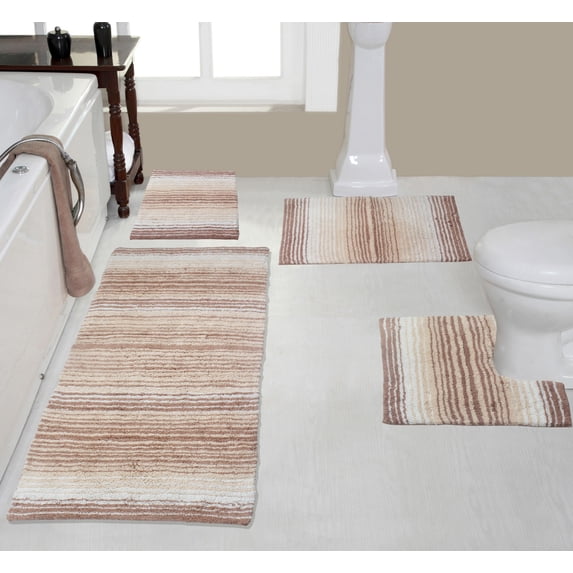 Home Weavers Gradation Rug Collection 100% Cotton Non-Slip Bathroom Rug Set Machine Washable Bathroom Rug, Bath Rug, U Shaped Contour, Runner, Beige Color 4 Piece Bath Carpet set