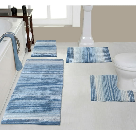 Home Weavers Gradation Rug Collection 100% Cotton Non-Slip Bathroom Rug Set Machine Washable Bathroom Rug, Bath Rug, U Shaped Contour, Runner, Blue Color 4 Piece Bath Rug set
