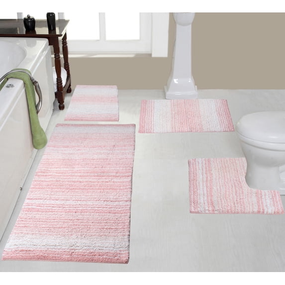 Home Weavers Gradation Rug Collection 100% Cotton Non-Slip Bathroom Rug Set Machine Washable Bathroom Rug, Bath Rug, U Shaped Contour, Runner, Pink Color 4 Piece Bath Rug set