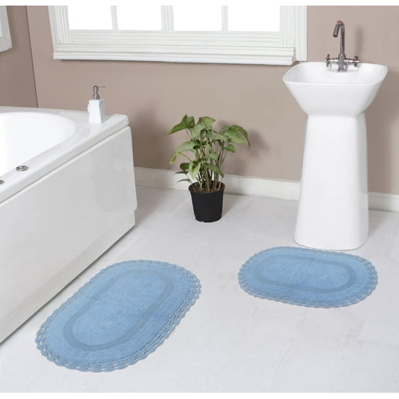Home Weavers Hampton Crochet Bath Mat 100% Cotton Reversible Bathroom Rug Set Machine Washable Bathroom Rug-17"x24", Bath Rug- 21"x34", Blue Color 2 Piece Bath Rug set