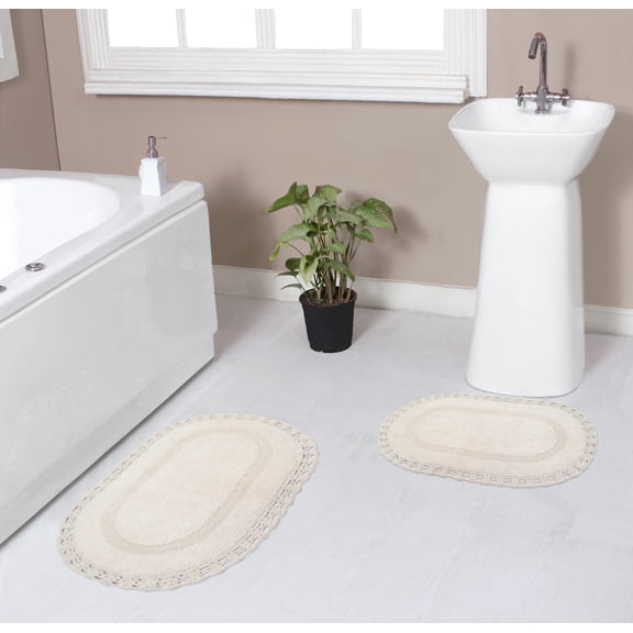 Home Weavers Hampton Crochet Bath Mat 100% Cotton Reversible Bathroom Rug Set Machine Washable Bathroom Rug-17"x24", Bath Rug- 21"x34", Ivory Color 2 Piece Bath Rug set