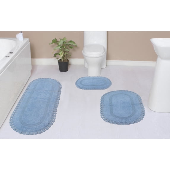 Home Weavers Hampton Crochet Bath Mat 100% Cotton Reversible Bathroom Rug Set Machine Washable Bathroom Rug-17"x24", Bath Rug- 21"x34", Runner- 21"x54", Blue Color 3 Piece Bath Rug set